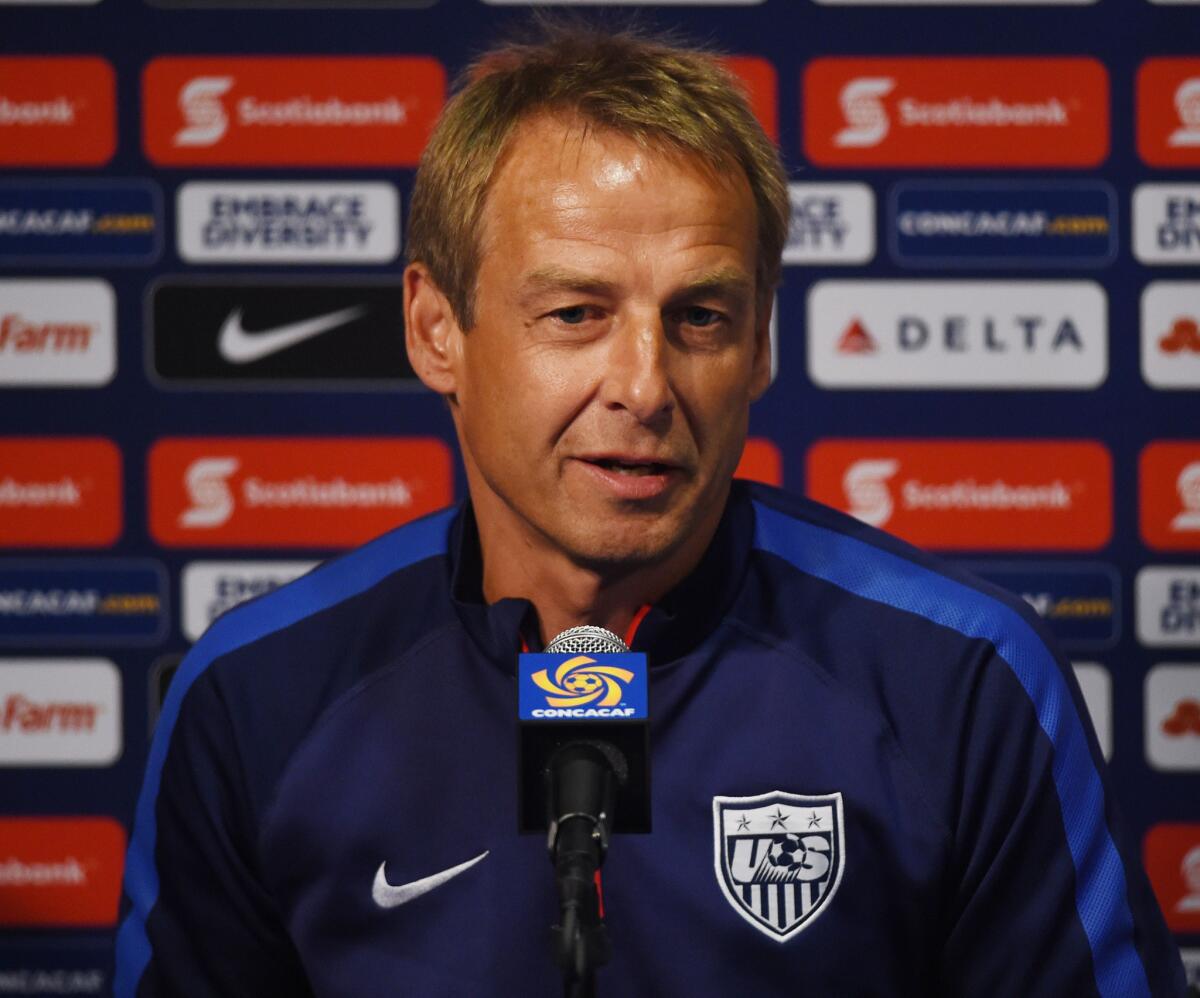 Jurgen Klinsmann who is the head coach of the US Men's soccer team speaks during a press conference before a training session at the Rose Bowl in Pasadena, California on October 9, 2015. Mexico plays the United States here in the playoff match for the FIFA Confederations Cup. AFP PHOTO/Mark RALSTONMARK RALSTON/AFP/Getty Images ** OUTS - ELSENT, FPG, CM - OUTS * NM, PH, VA if sourced by CT, LA or MoD **
