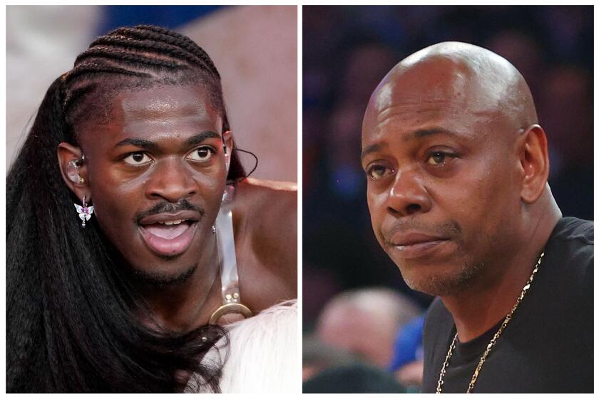 A picture of Lil Nas X with braids and long hair with his mouth open. Another picture of Dave Chappelle in a black shirt
