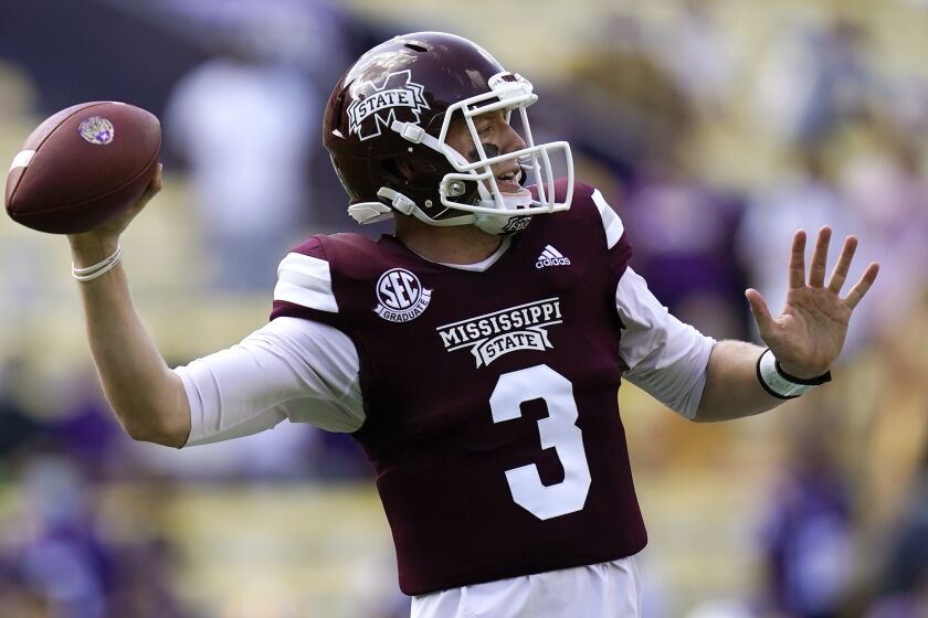 Mississippi State quarterback K.J. Costello (3) passes in the first half an NCAA college football game.