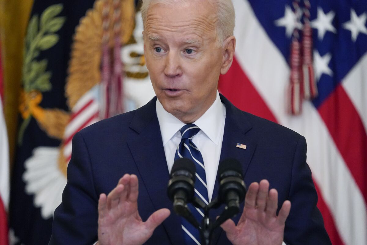 President Joe Biden speaks during a news conference in the East Room of the White House Thursday.
