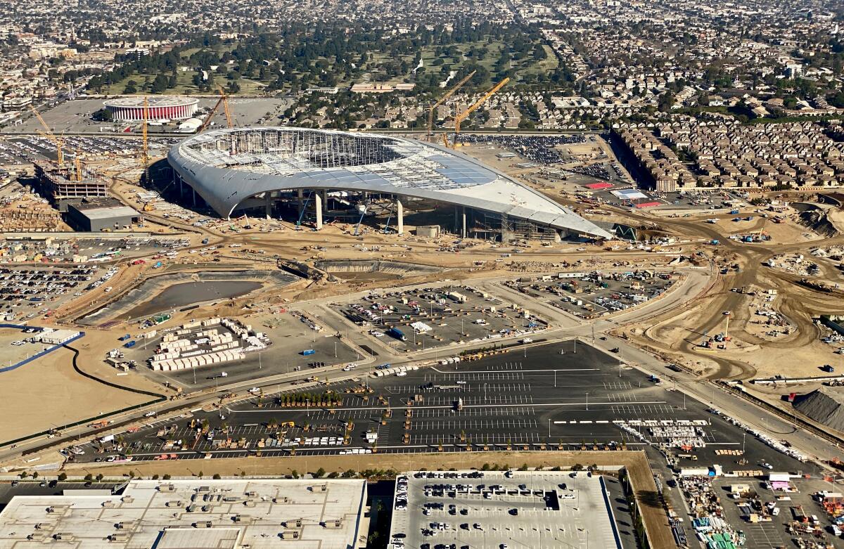 Aerial view of the still-under-construction SoFi Stadium, future home of the Rams and Chargers, in Inglewood, on Feb. 6, 2020.
