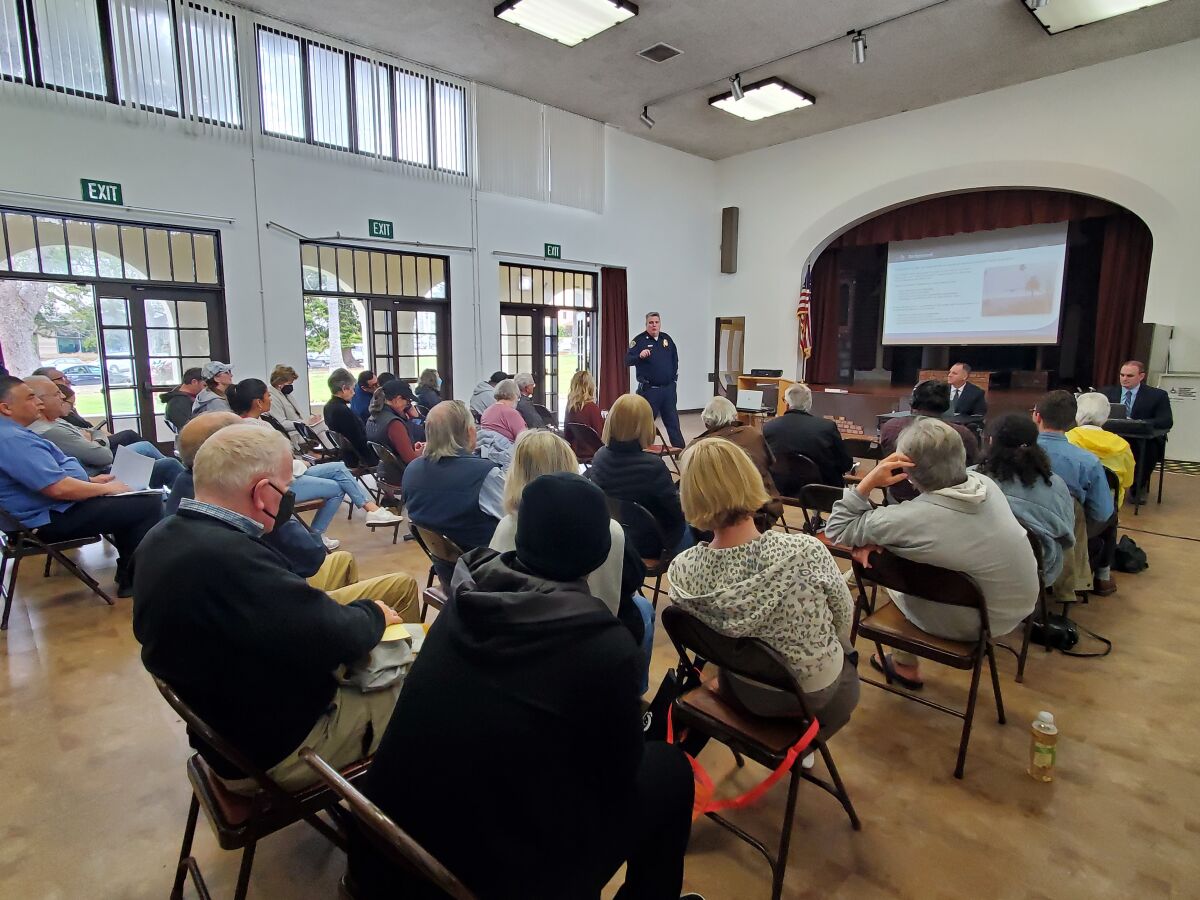 San Diego Police Department Capt. Jeff Jordon leads a community meeting March 10 at the La Jolla Recreation Center.