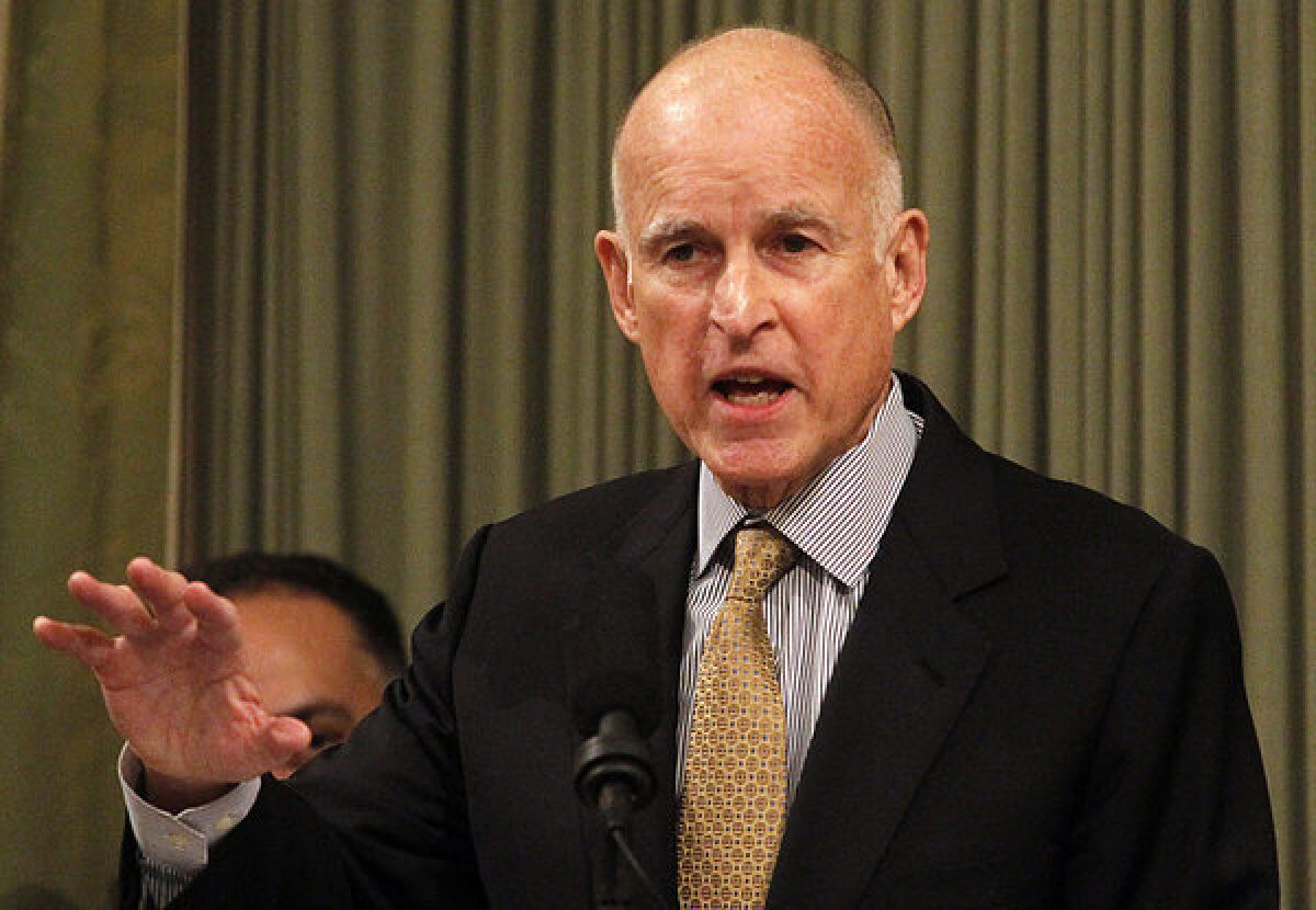 California Gov. Jerry Brown delivers his State of the State address at the Capitol in January. The governor's office submitted a proposal late Thursday to further reduce crowding in the state's prisons.