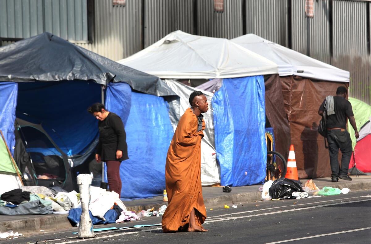 Tents line 5th Street in Skid Row in downtown Los Angeles on June 28, 2024.