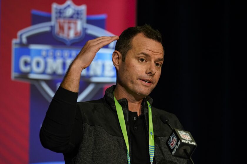 Los Angeles Chargers head coach Brandon Staley speaks during a press conference at the NFL football scouting combine in Indianapolis, Wednesday, March 2, 2022. (AP Photo/Michael Conroy)