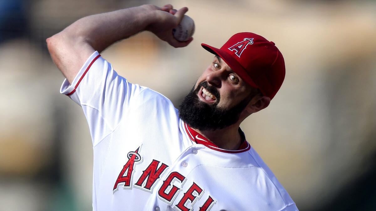 Angels starting pitcher Matt Shoemaker went 5 1/3 innings against the Tigers on Sunday, giving up four hits, four walks and two runs, one earned.