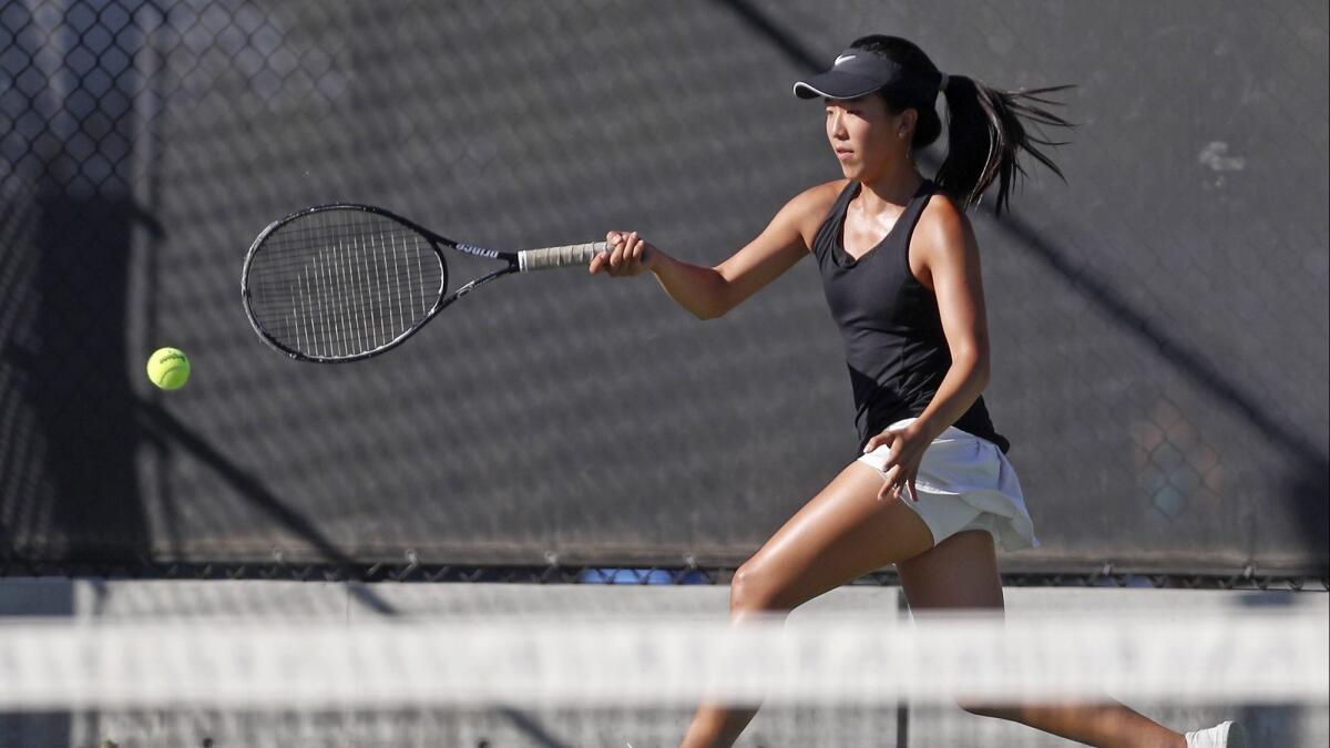 Sage Hill School's Alexis Ha, shown chasing down the ball against St. Margaret's on Oct. 16, reached the San Joaquin League singles semifinals at Claremont Webb on Tuesday.