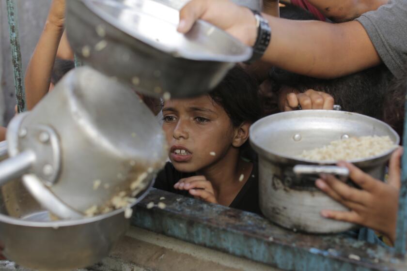 A Palestinian boy watches his portion of food aid ahead of the upcoming Eid al-Adha holiday in Jerusalem, Saturday, June 15, 2024. (AP Photo/Jehad Alshrafi)