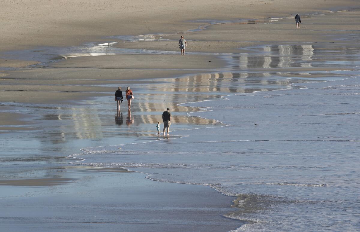 Beachgoers walk in the wet sand exposed at the lowest point in the latest king tides.