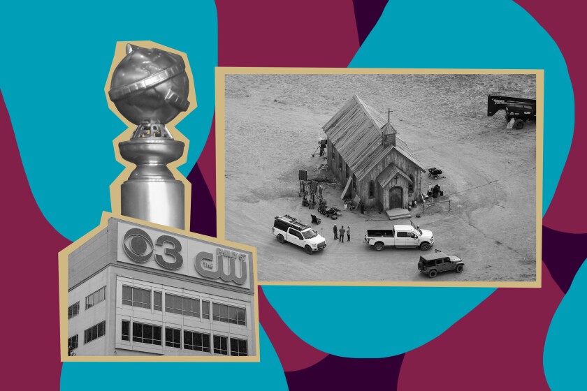collage of photos of a CBS affiliated building, a Golden Globe statue and an aerial photo of the Bonanza Creek Ranch