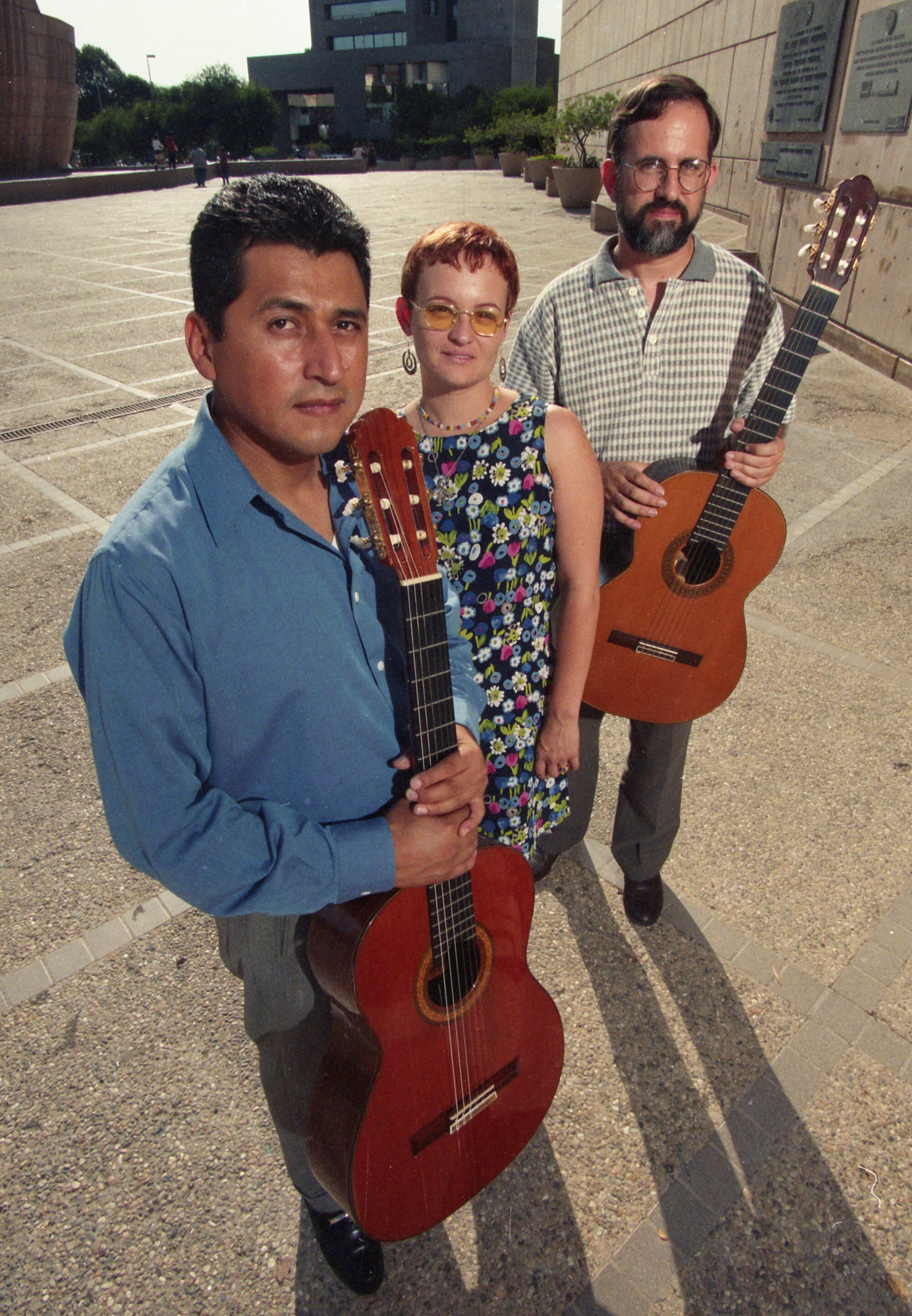 Classical guitarists Francisco Guerrero, left, and Alberto Ubach with actress Laura Ibarra.