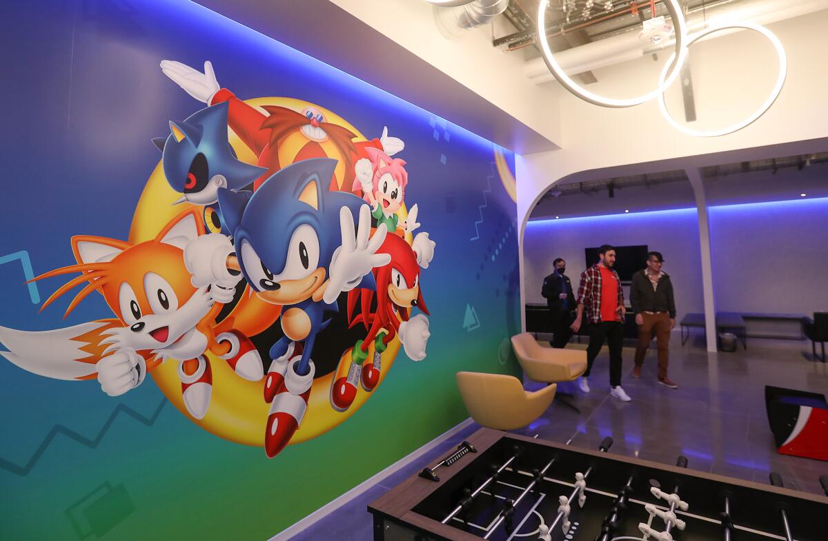 A mural of Sega's cast of characters in an employee game room at Sega of America's North American headquarters in Irvine.