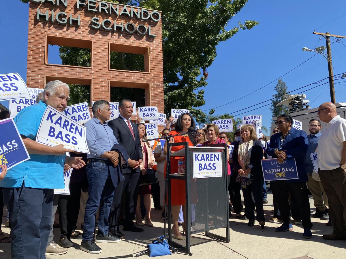 Nury Martinez talking in front of a crowd outside San Fernando High School.