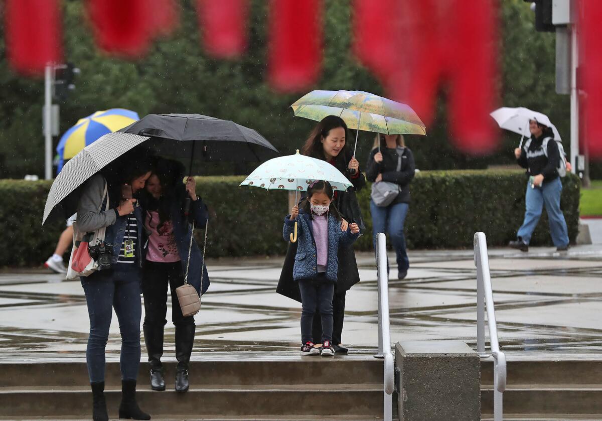 Guests arrive under umbrellas to the Lunar New Year celebration at Irvine Barclay Theater.