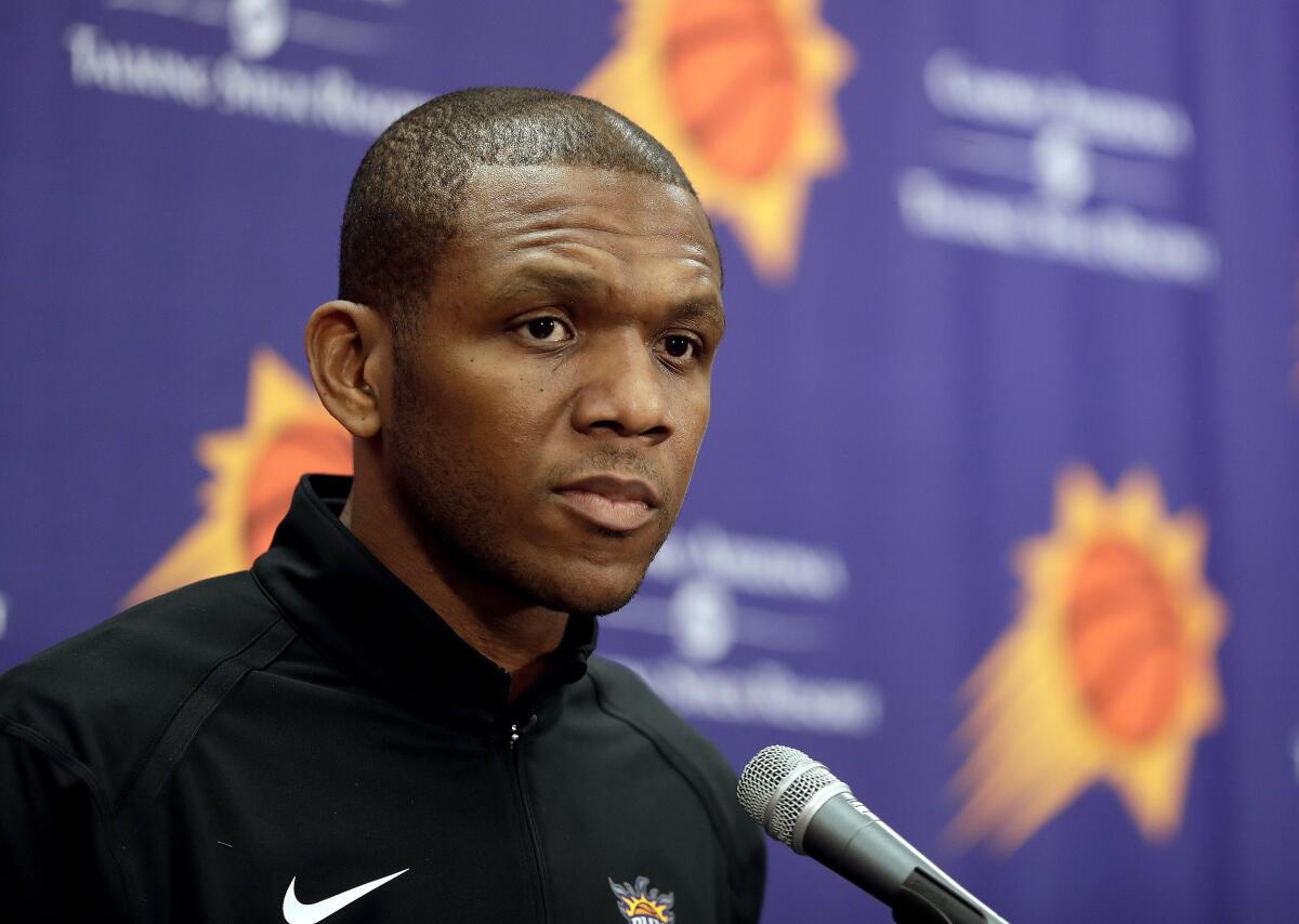 FILE - In this April 24, 2019, file photo, Phoenix Suns general manager James Jones speaks to the media regarding the firing of Suns head coach Igor Kokoskov during an NBA basketball news conference in Phoenix. Jones’ hiring of coach Monty Williams and acquiring of All-Star guard Chris Paul are two of the biggest reasons why the Suns are in the second round of the playoffs for the first time since 2010. (AP Photo/Matt York, FIle)