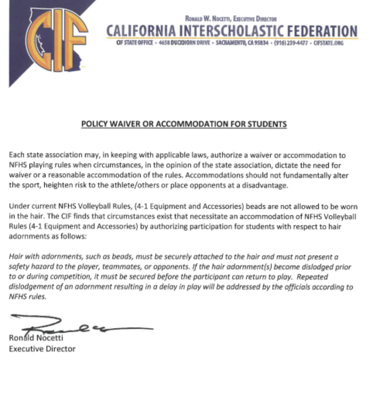 Policy waiver memo from the CIF.