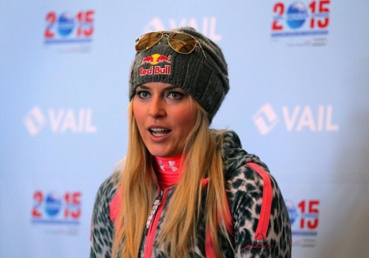 Lindsey Vonn talks to reporters in Vail, Colo.