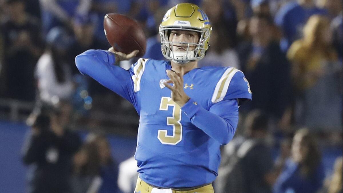 UCLA quarterback Wilton Speight throws downfield against Utah during a Pac-12 Conference game at the Rose Bowl on Oct. 26.