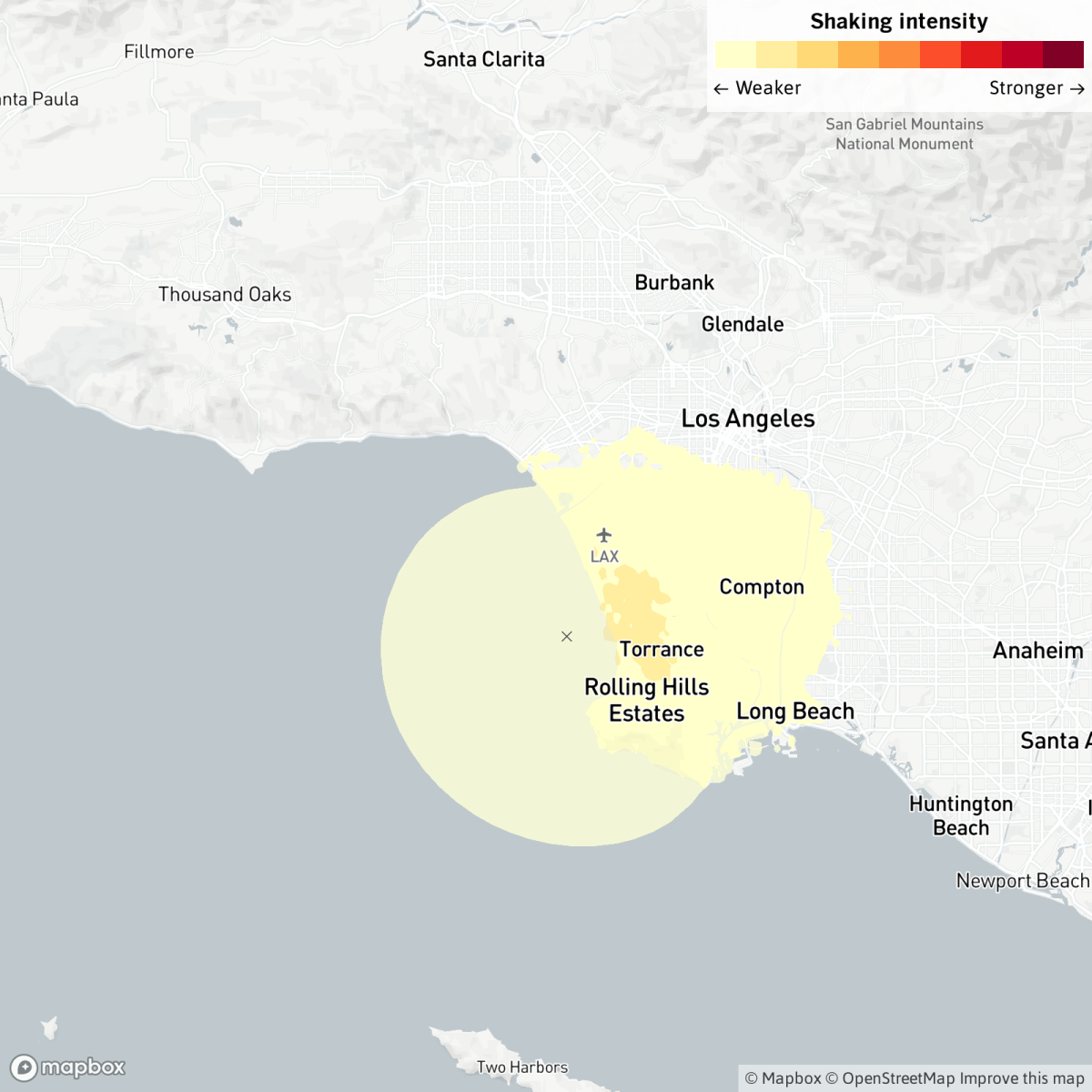 Map of Los Angeles area with earthquake epicenter off the coast and light shaking through South Bay, Westside and South L.A.