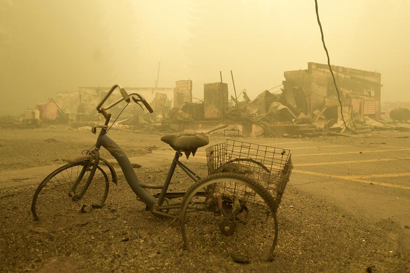 FILE - A trike stands near the burnt remains of a building destroyed by a wildfire near the Lake Detroit Market in Detroit, Ore., Sept. 11, 2020. A trial started Tuesday, April 25, 2023, in connection with a $1.6 billion class action lawsuit against utility PacifiCorp over the catastrophic Labor Day 2020 wildfires in Oregon. (Mark Ylen/Albany Democrat-Herald via AP, File)
