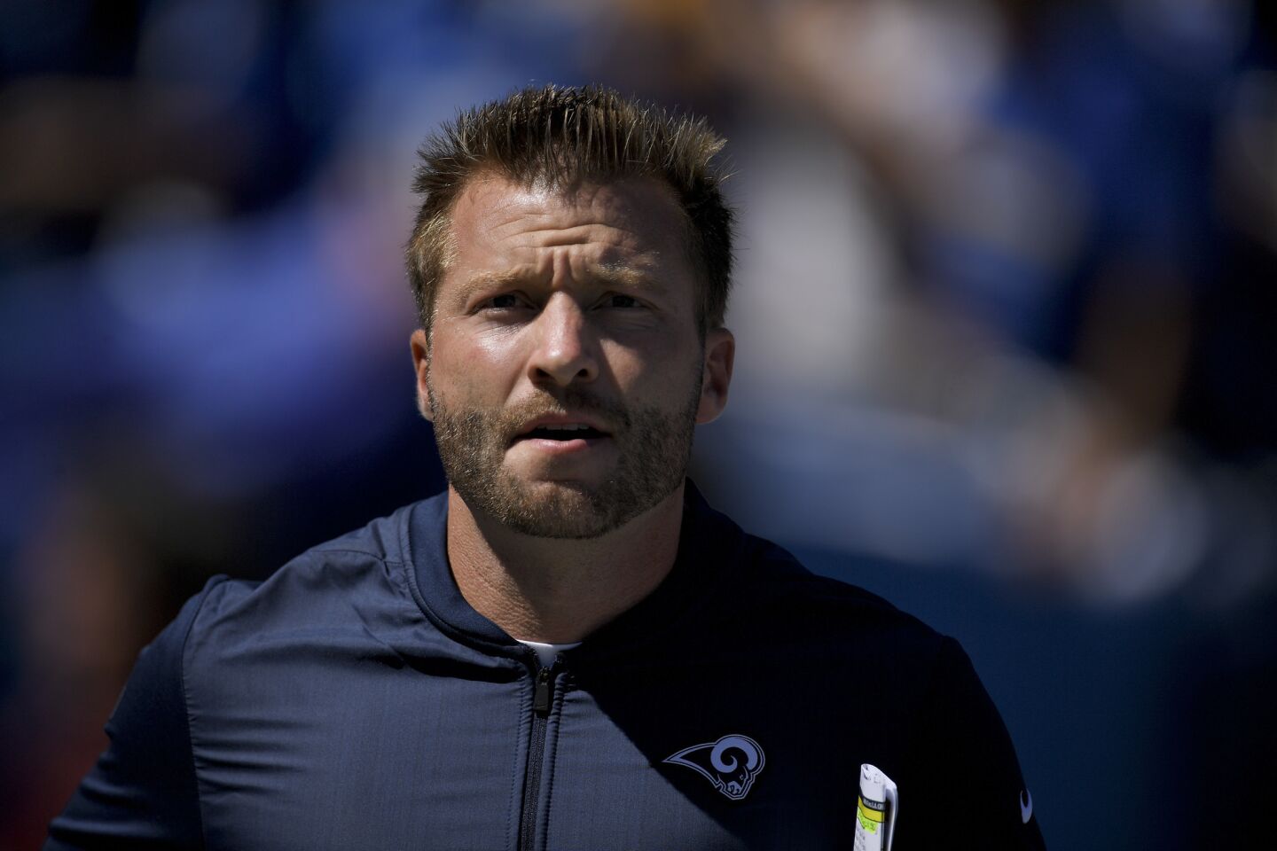 Los Angeles Rams head coach Sean McVay runs onto the field before during the first half in an NFL football game Sunday, Sept. 23, 2018, in Los Angeles.