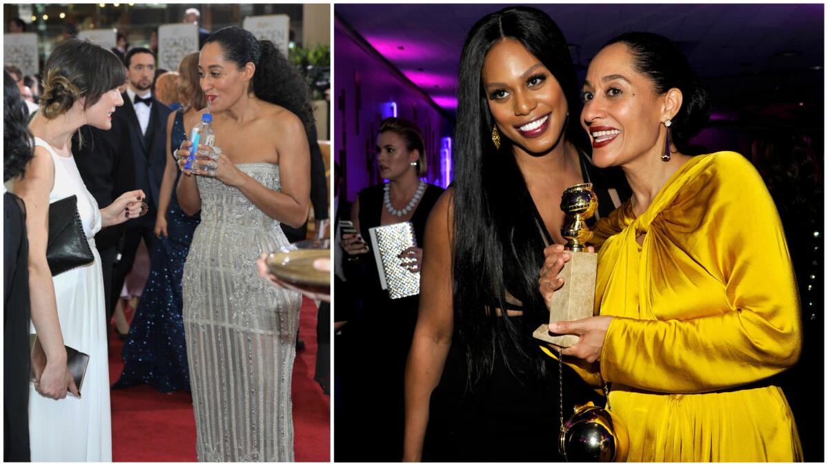 At left, Golden Globe winner Tracee Ellis Ross (in Zuhair Murad) keeps hydrated early in the evening. By the time she arrived at the InStyle/Warner Bros. after-party (at right, with Laverne Cox), she’d switched into a Paule Ka gown. “I love a costume change,” she said.