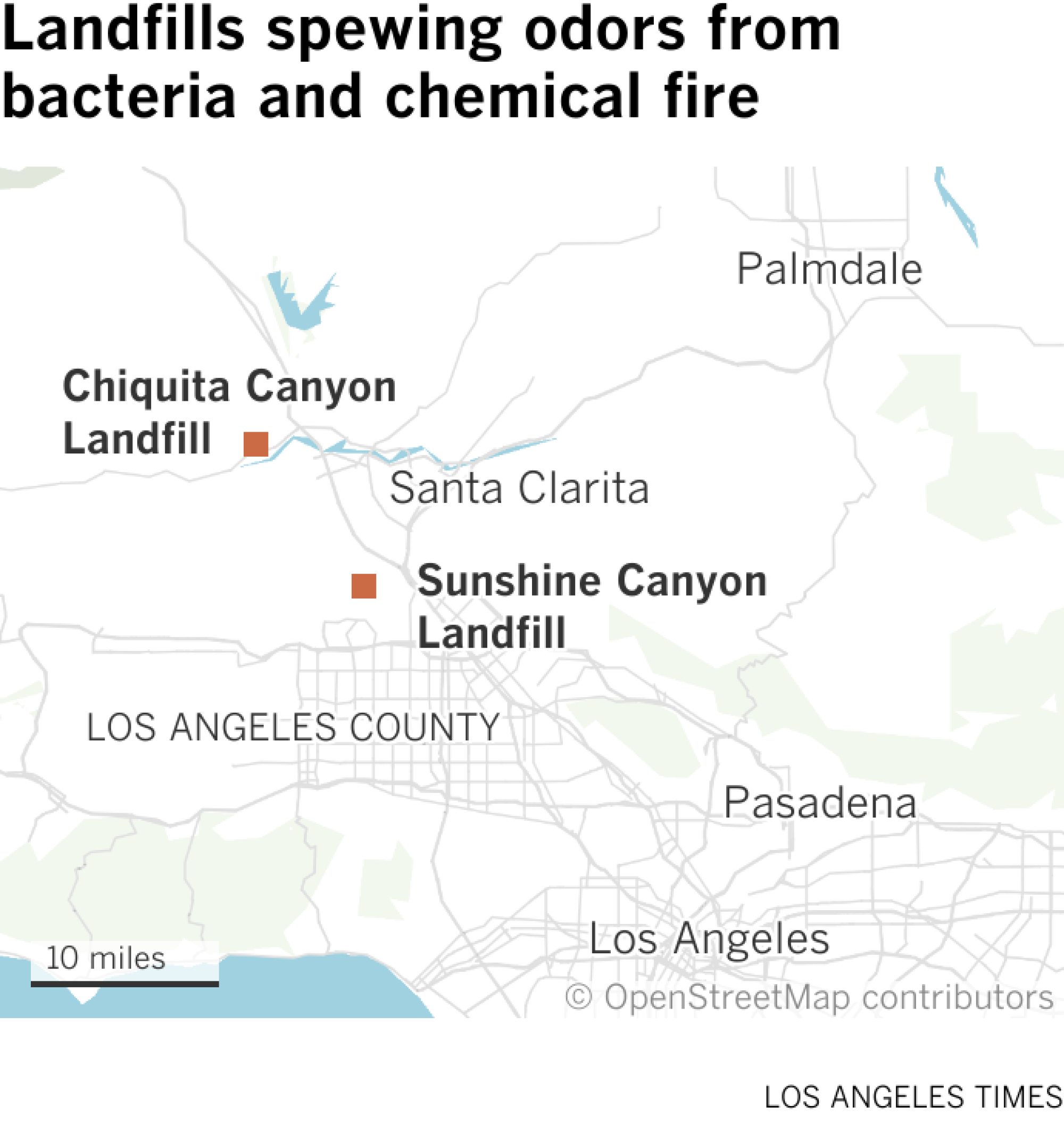 Map shows the location of Chiquita Canyon Landfill near Castaic and Sunshine Canyon Landfill in Sylmar