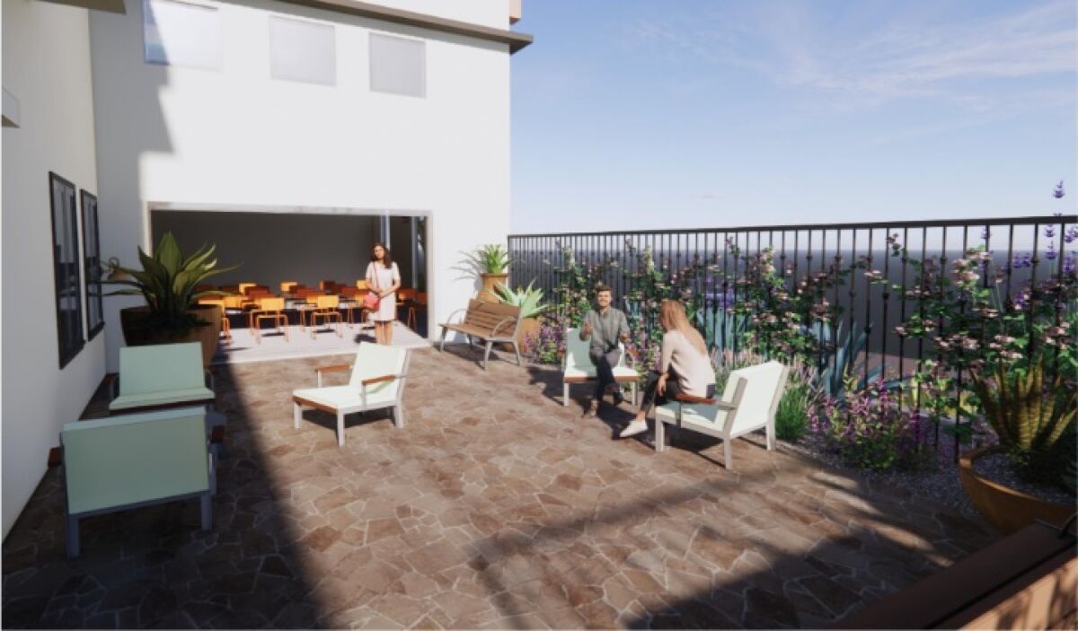 A rendering depicts a planned outdoor gathering space at the Ocean Beach Library.
