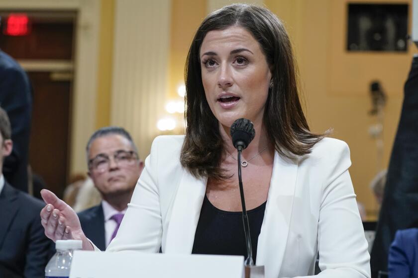 FILE - Cassidy Hutchinson, former aide to Trump White House chief of staff Mark Meadows, testifies as the House select committee investigating the Jan. 6 attack on the U.S. Capitol holds a hearing at the Capitol in Washington, June 28, 2022. (AP Photo/Jacquelyn Martin, File)