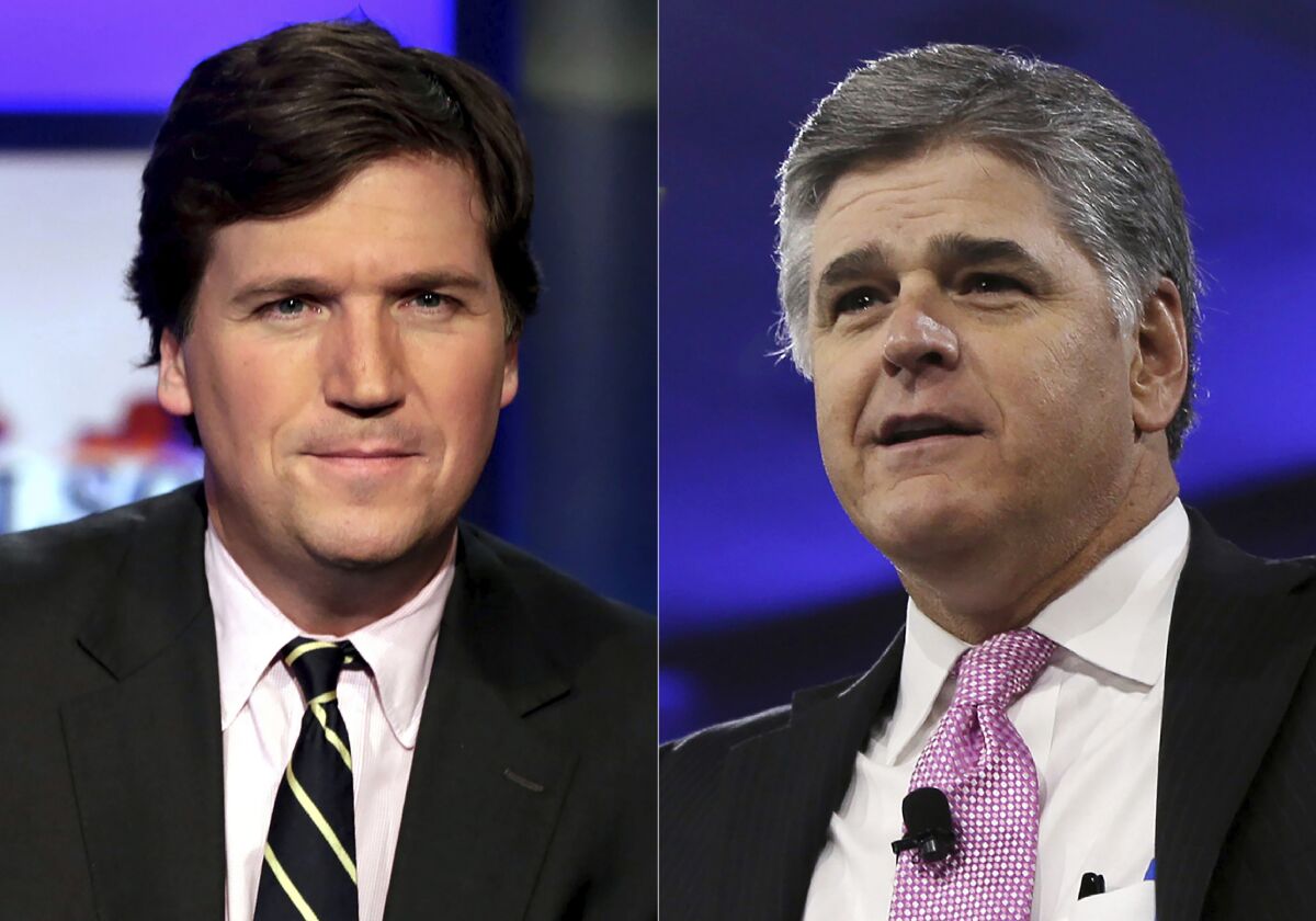 This combination photo shows, Tucker Carlson, host of "Tucker Carlson Tonight," left, and Sean Hannity, host of "Hannity" on Fox News. The Fox News and Fox Business channels are going international. A digital streaming service with the pair will launch in Mexico this month, expanding to Spain, Germany and the United Kingdom in September. (AP Photo)