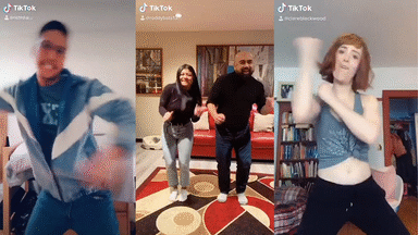 Richard Unite, left, and Clare Blackwood, right, do the "Savage Challenge" on TikTok; Rodell Bautista, center, and his daughter do the "Men in Black" challenge. 