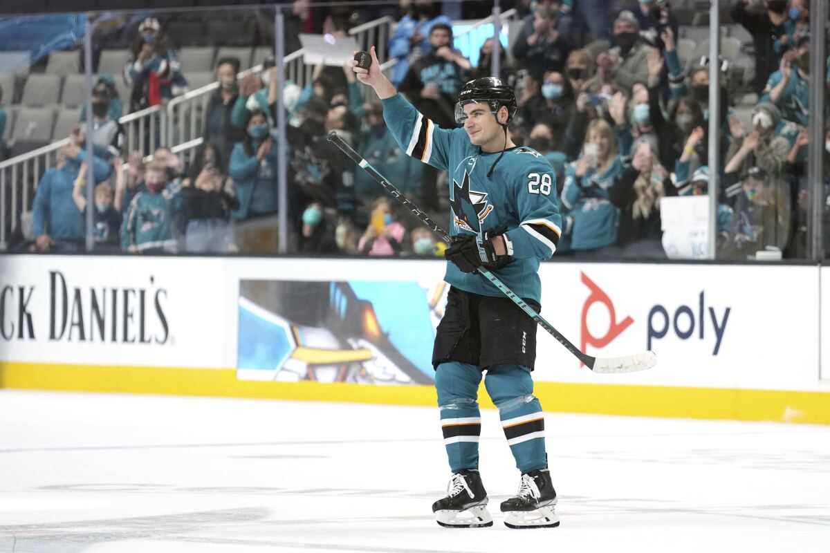 San Jose Sharks right wing Timo Meier (28) gestures after an NHL hockey game against the Los Angeles Kings in San Jose, Calif., Monday, Jan. 17, 2022. (AP Photo/Darren Yamashita)