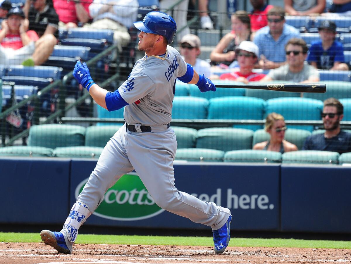 Catcher Yasmani Grandal reached base three times against the Braves in a 3-1 Dodgers win.