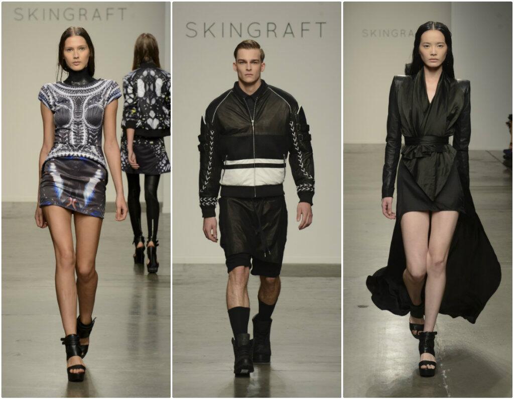 Looks from Skingraft's spring 2014 men's and women's runway show at Pier 59 during New York Fashion Week.