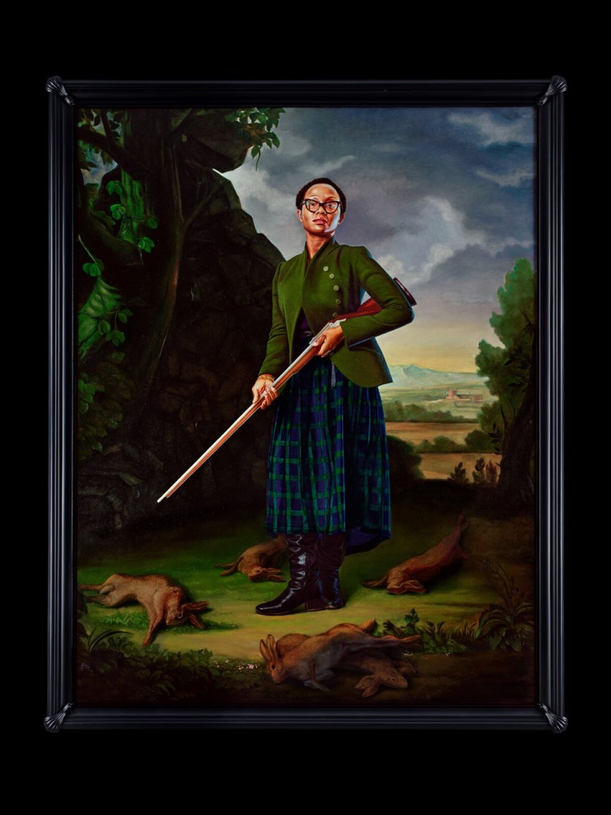 Kehinde Wiley's "Portrait of Lynette Yiadom-Boakye, Jacob Morland of Capplethwaite" shows a Black woman dressed for hunting.