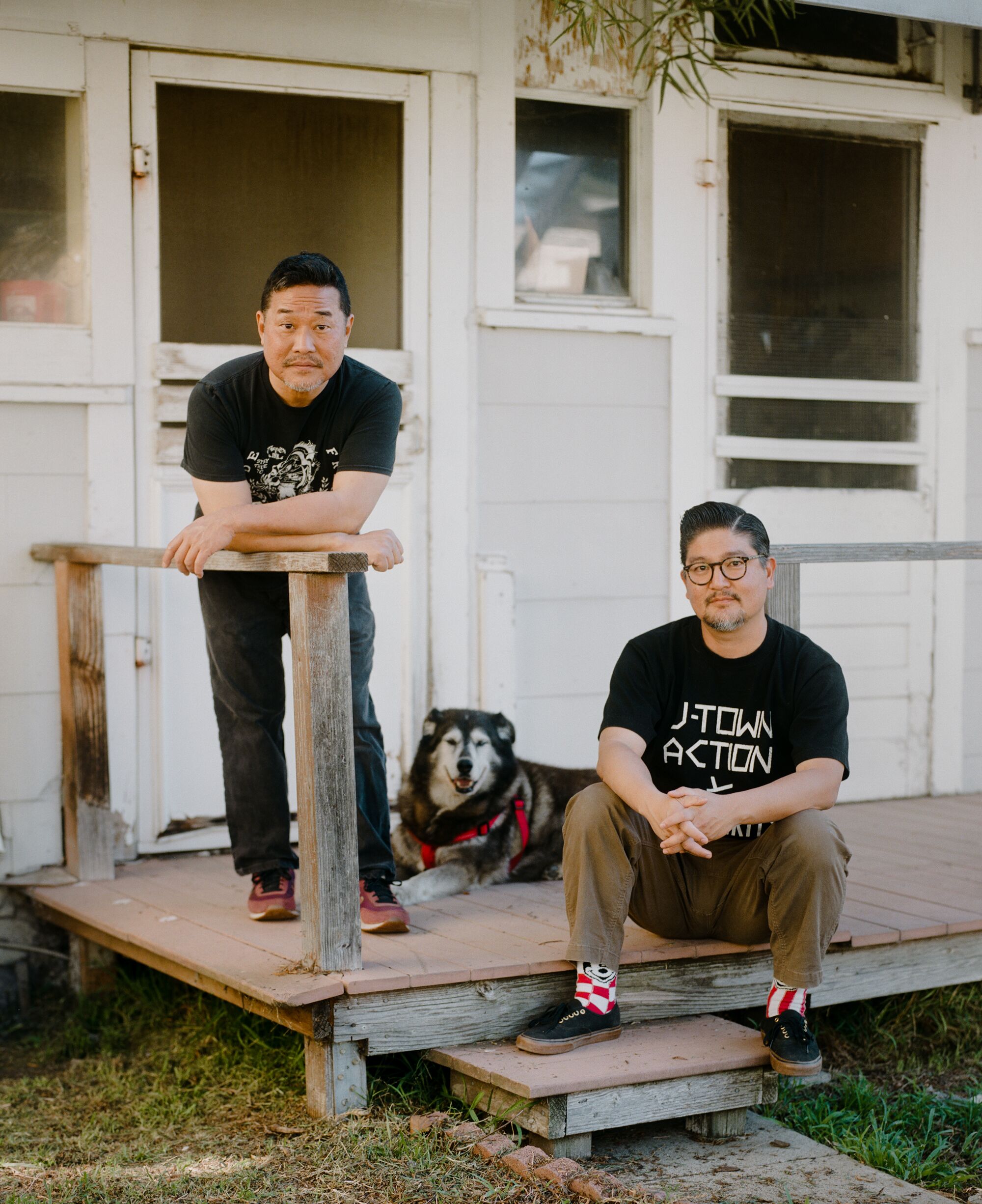 Devon Tsuno and Alan Nakagawa at Alan's home backyard "K-Town Butterfly Sanctuary".