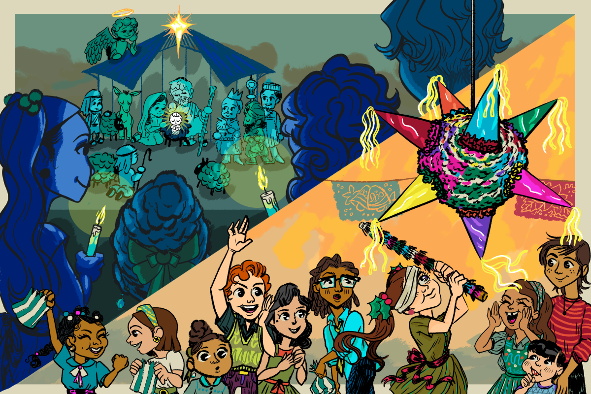 An illustration of children at a party with a pinata and people at a Nativity scene.