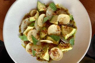 Oroblanco and avocado salad with golden turnip, curry and mint at Rustic Canyon.