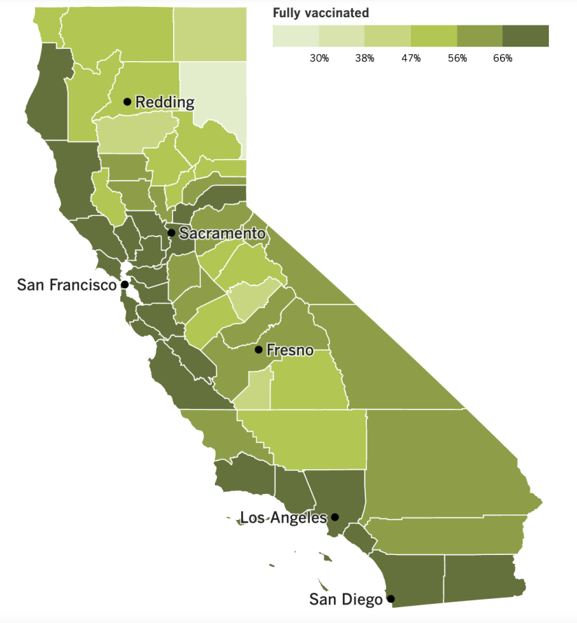 A map showing California's COVID-19 vaccination progress as of July 26, 2022.