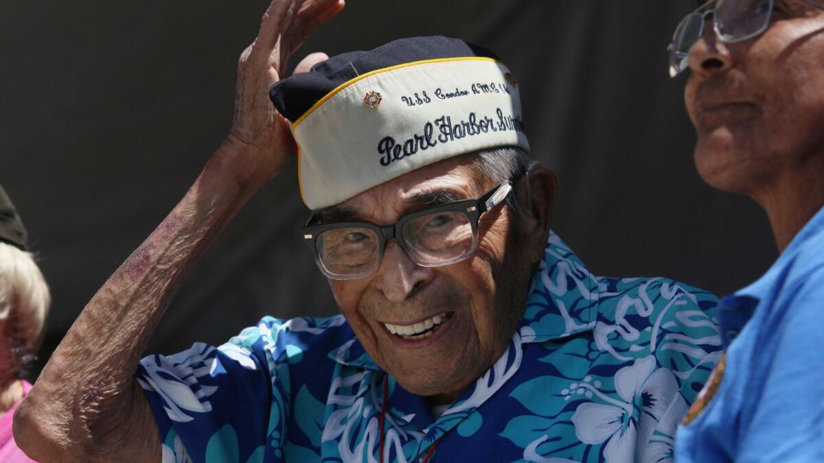 Ray Chavez, known as the oldest surviving veteran of the attack on Pearl Harbor, attends an August 2017 ceremony at the Veterans Museum at Balboa Park in San Diego. Chavez died Wednesday at 106.