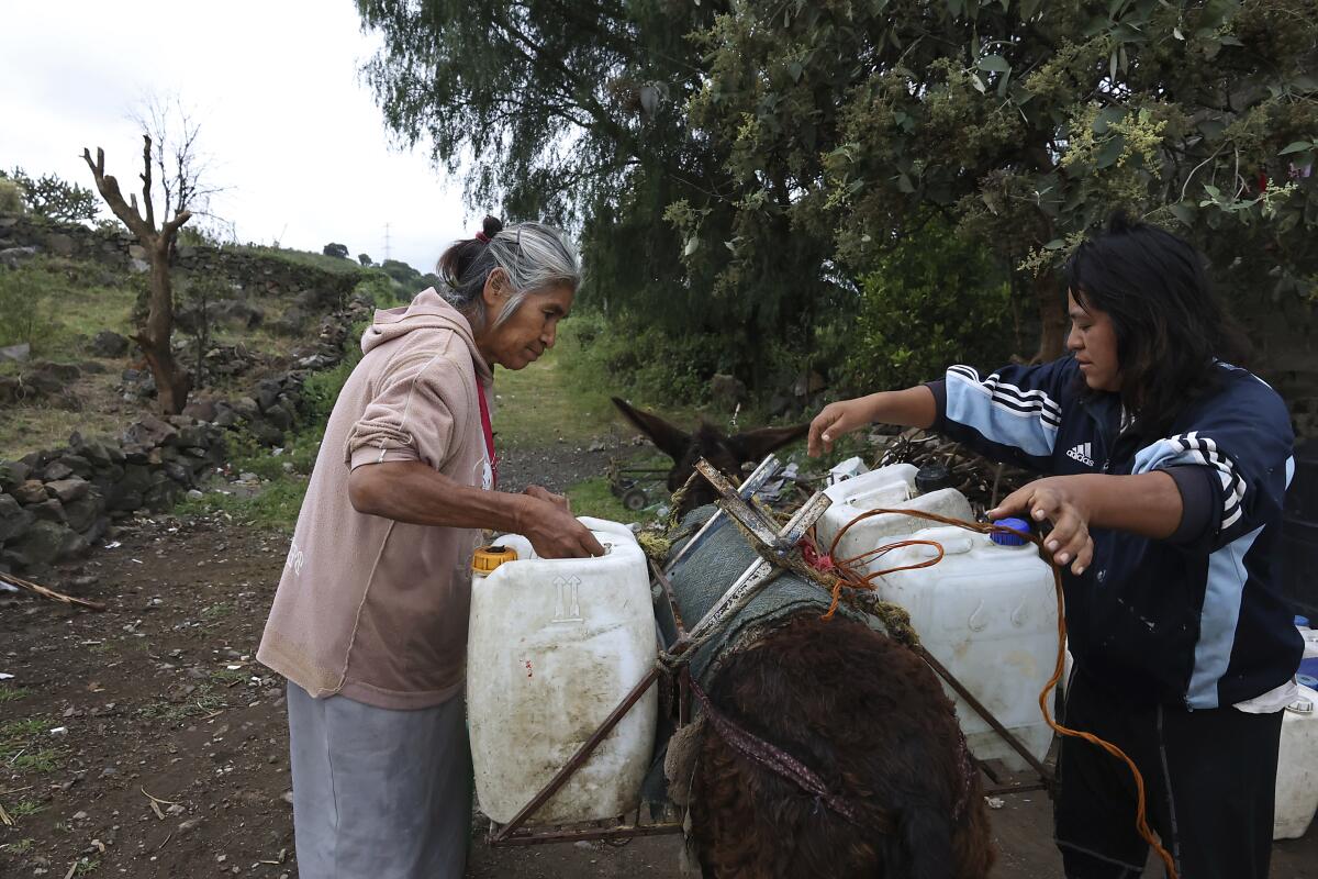 Emilia Segura (izquierda) y su hija Cecilia Rivera Segura cargan sobre un burro los bidones de agua 