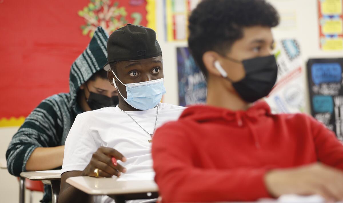 Students wear masks while attending summer school at Hawthorne High School on July 26. 