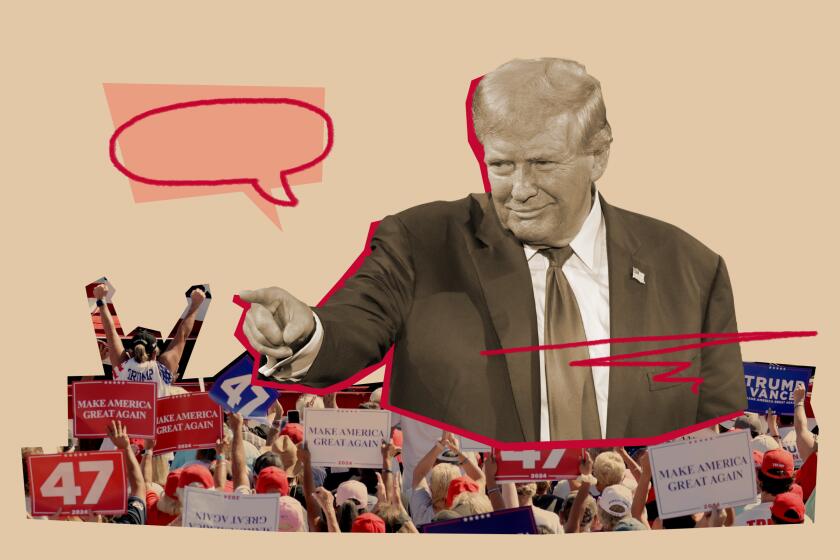 collage of a smiling Trump pointing at supporters, and an illustrated speech bubble