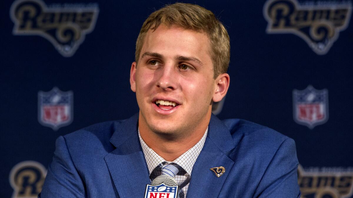 Jared Goff faces the media during his introduction to L.A.
