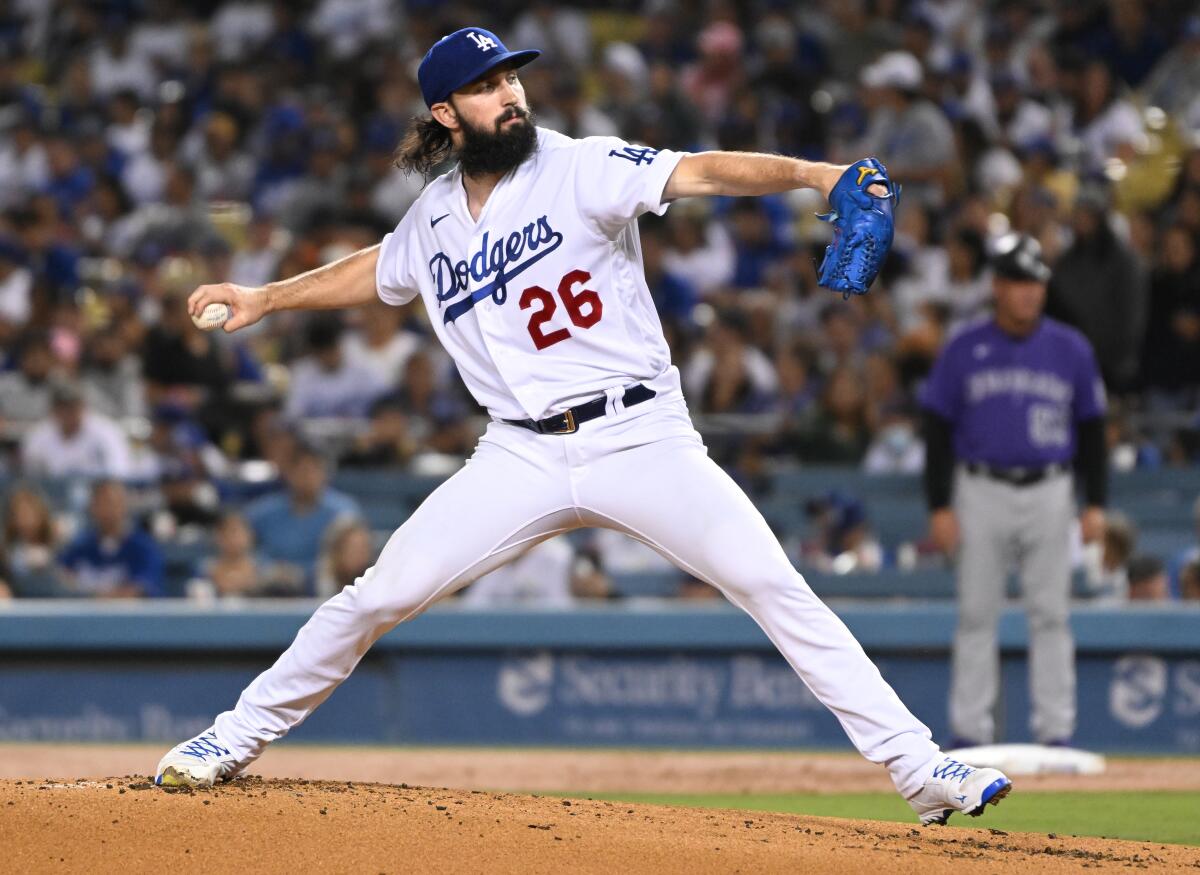 Dodgers right-hander Tony Gonsolin pitches against the Rockies on Monday at Dodger Stadium.