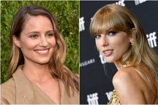 A split image of Dianna Agron smiling in a beige coat and Taylor Swift leaning forward in a gold dress