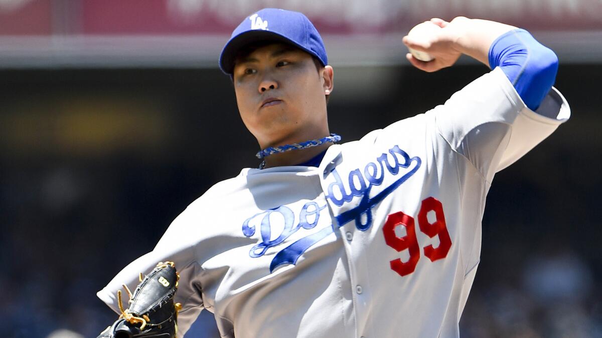 Dodgers starter Hyun-Jin Ryu delivers a pitch during Sunday's win over the San Diego Padres.