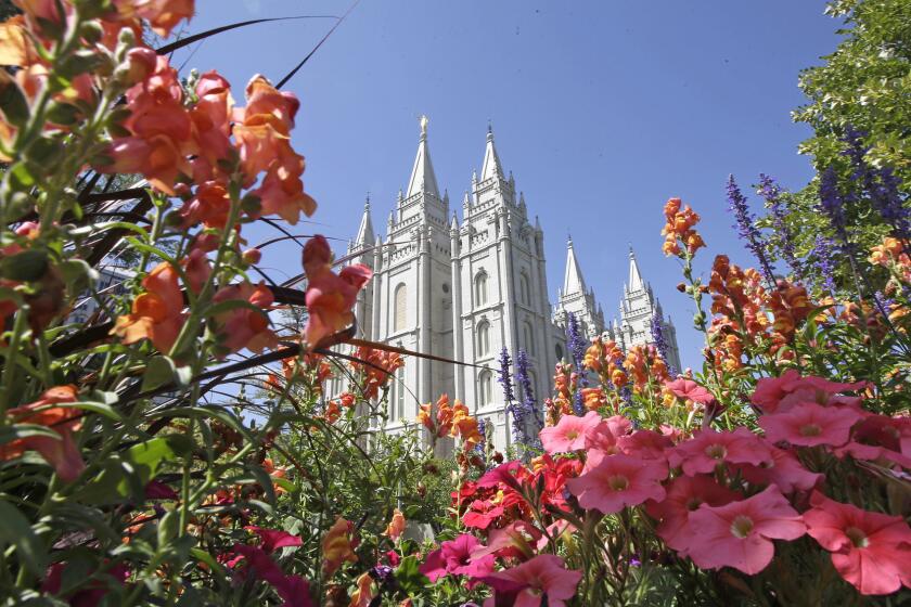 Flowers bloom in front of the Mormon church's Salt Lake Temple in Salt Lake City.