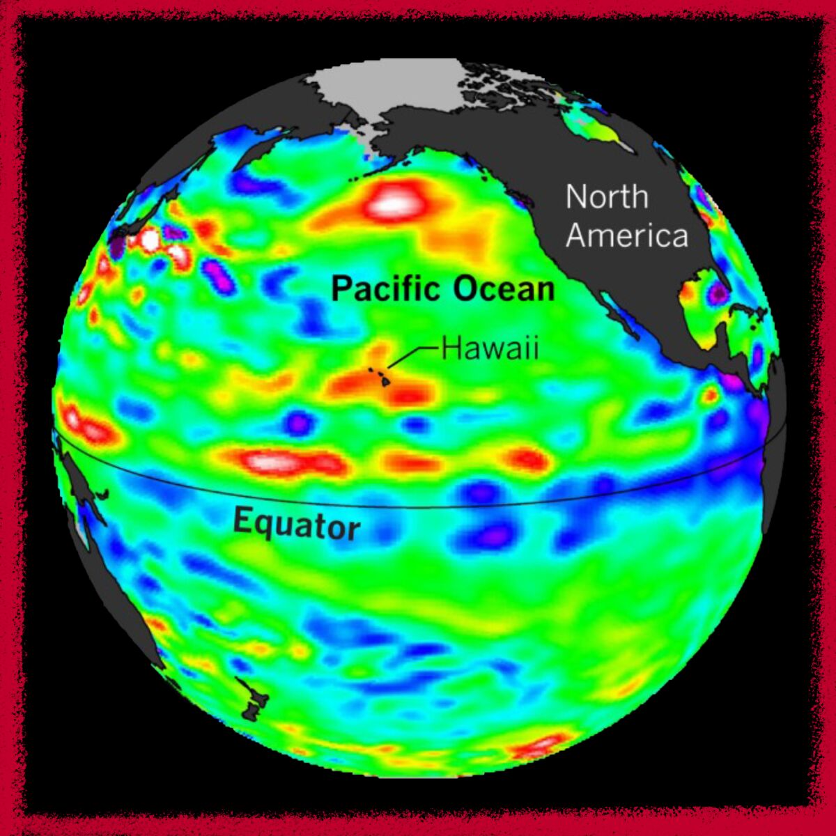 An image of the Earth with blue along the equator showing the strength of La Niña in the eastern Pacific Ocean.