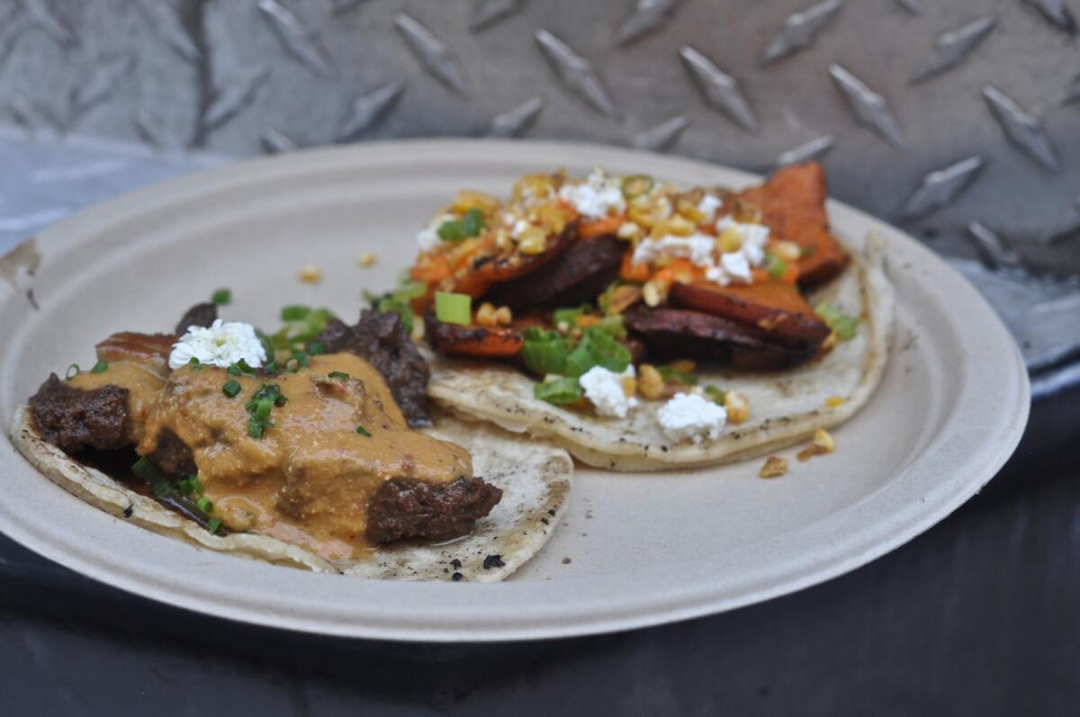 Guerrilla Tacos' beef and foie gras taco, and sweet potato taco, at Smorgasburg L.A.